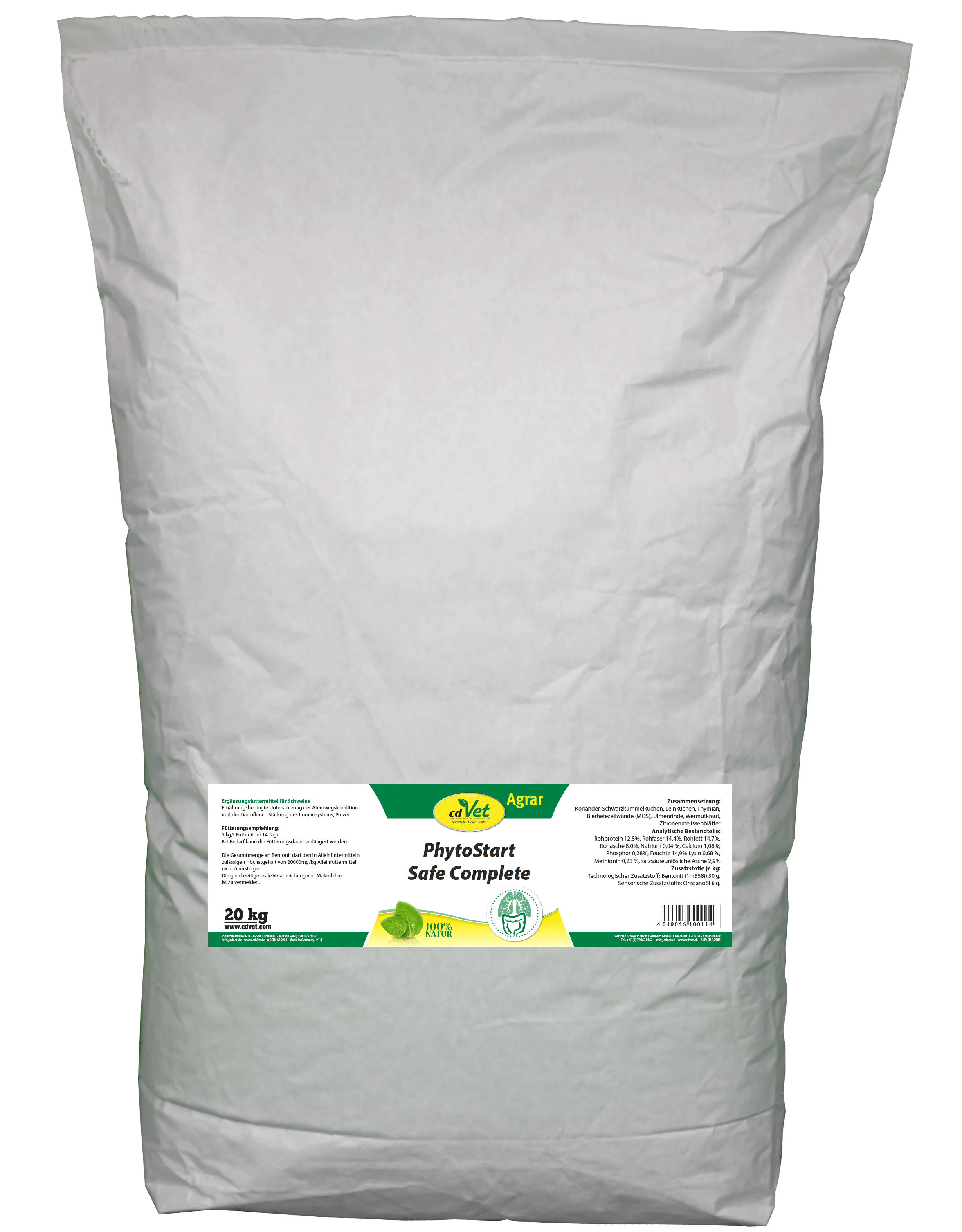 Ergänzungsfutter Schweine, Futtermittelpulver, 20-kg-Sack, weißer Futtersack