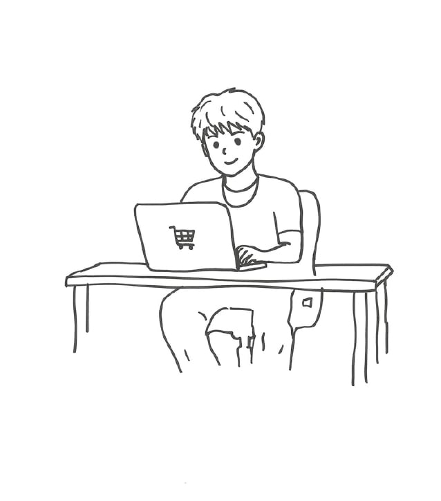 Laptop, Schreibtisch, Kunde, Skizze, Online-Shopping