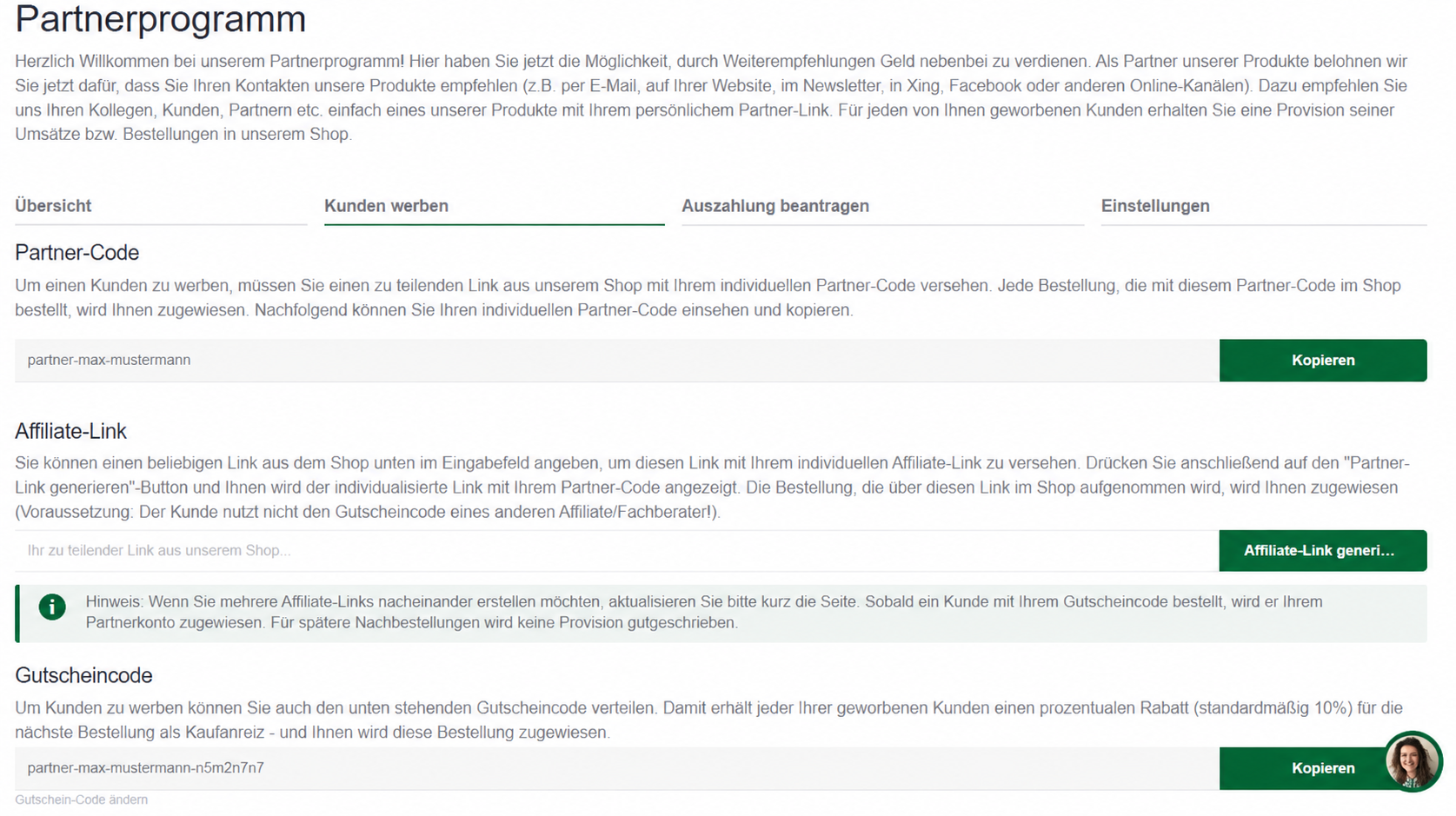 Partnerprogramm, Kunden werben, Affiliate-Link, Gutscheincode, Kopieren