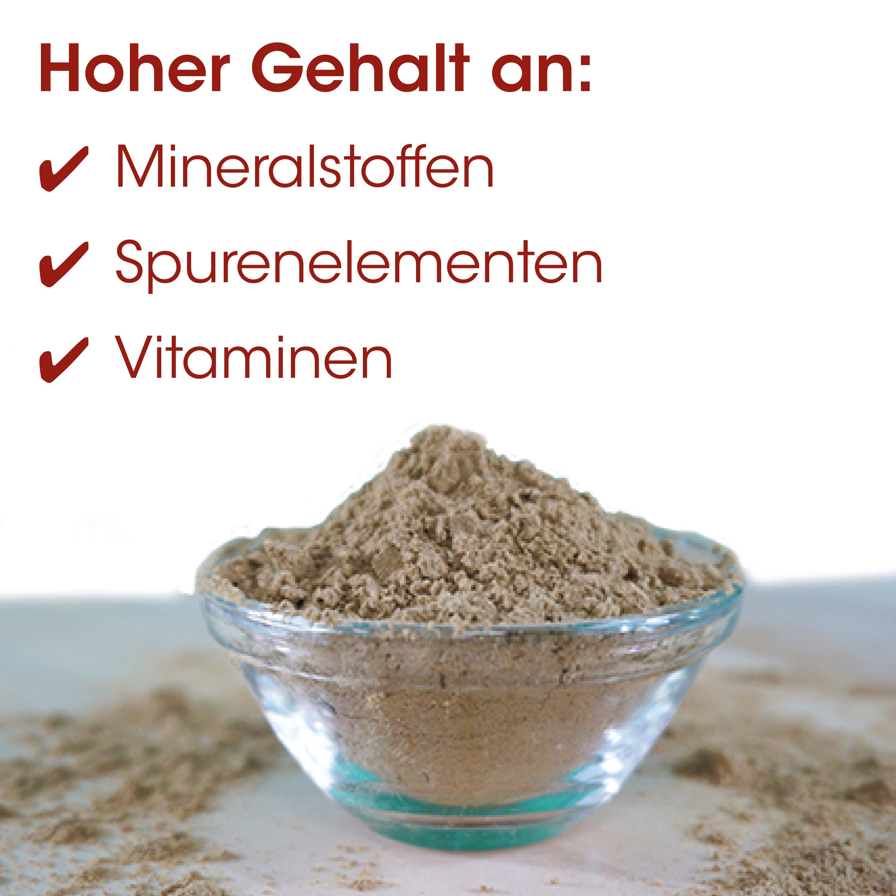Mineralpulver, Puder, braune Pulverform, Glas Schüssel, pulvrige Textur