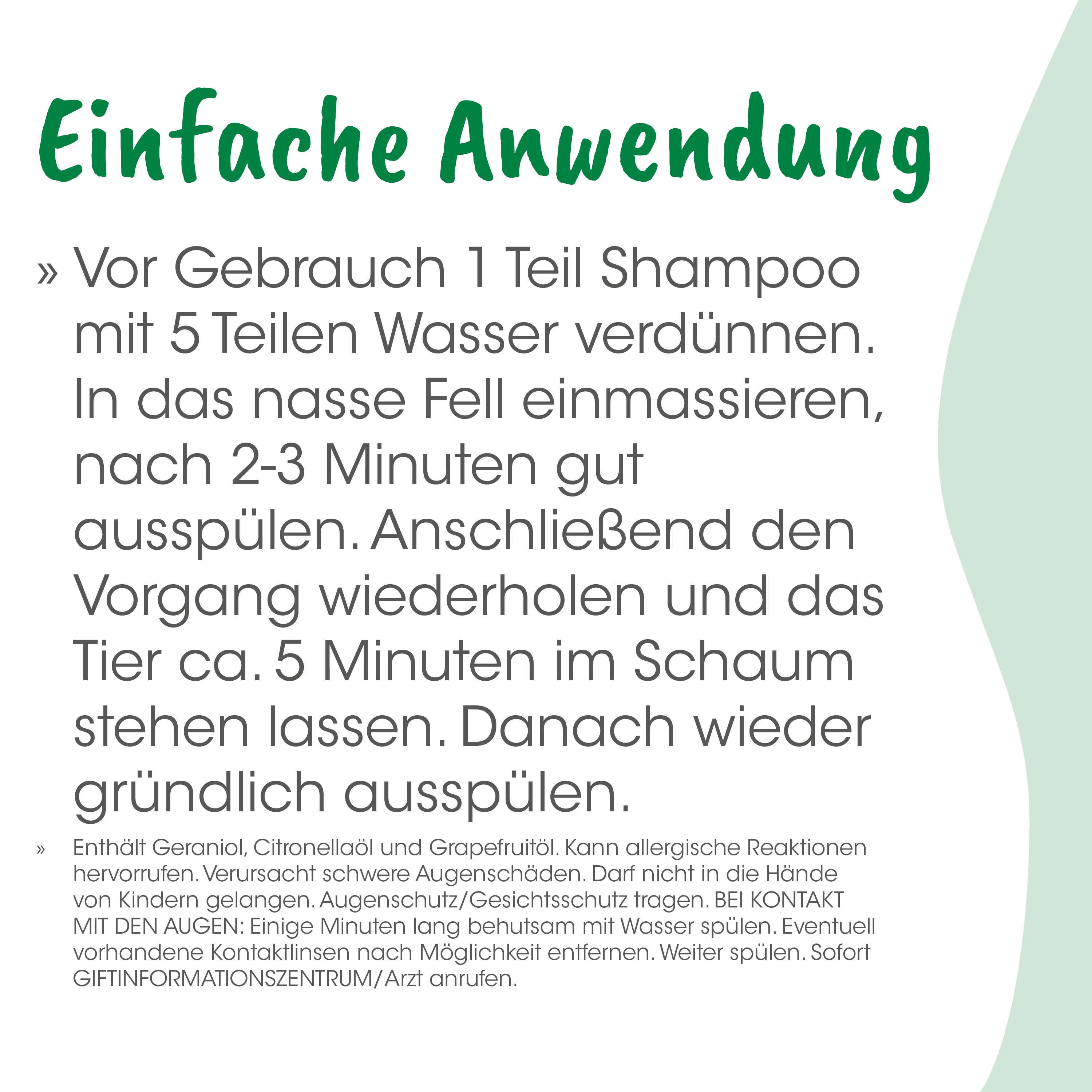 Shampoo, Shampoo-Anweisung, Vor Gebrauch, Wasserverdünnung, Anweisungen