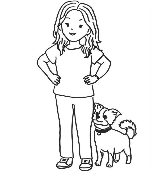 Kind, Mädchen, Hose, T-Shirt, Hund, Tier, stehen, Cartoon, Illustration, Tier