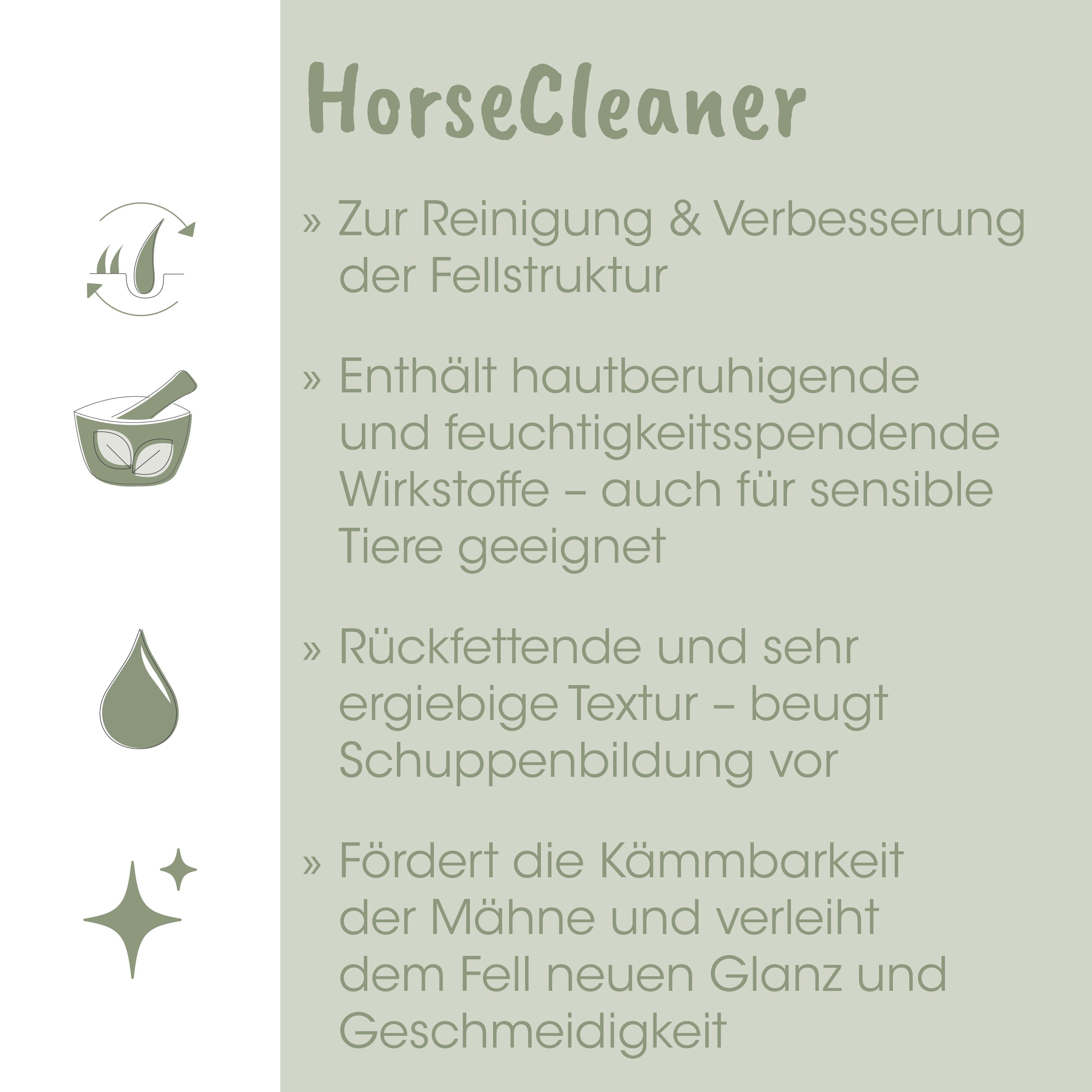 Horse cleaner, Reinigungsgerät, ökologisches Produkt, Texturvorteil, Anwendungsziel für Pferde