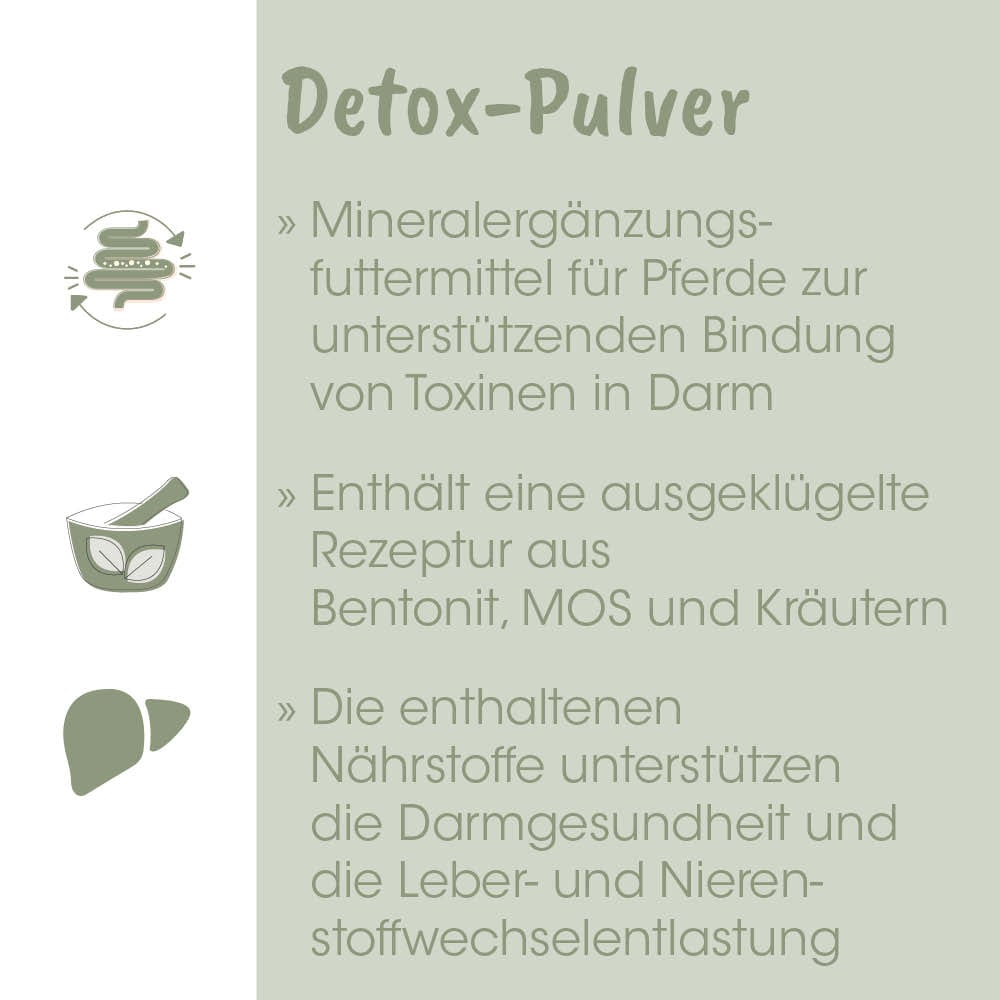 Detox-Pulver, Mineralergänzungsfuttermittel, Pferde, Toxine, Darmgesundheit