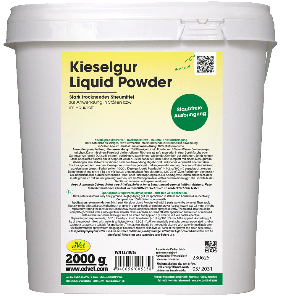 Kieselguhr, Flüssigpulver, Staubfreie Ausbringung, Trockenhilfsmittel, Haushalt