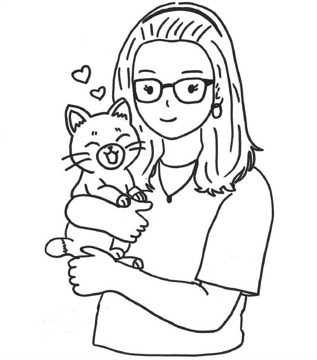 Illustration, Katze, Frau, Brille, Haustier halten