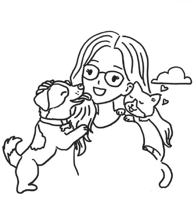 frau, brille, hunde, hundekuss, skizze