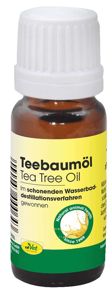 teëbaumöl, ätherisches Öl, braune Flasche, Bernsteinflasche, Etikett