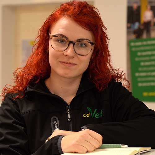 rotes haar, Brille, schwarze jacke, notizbuch, student