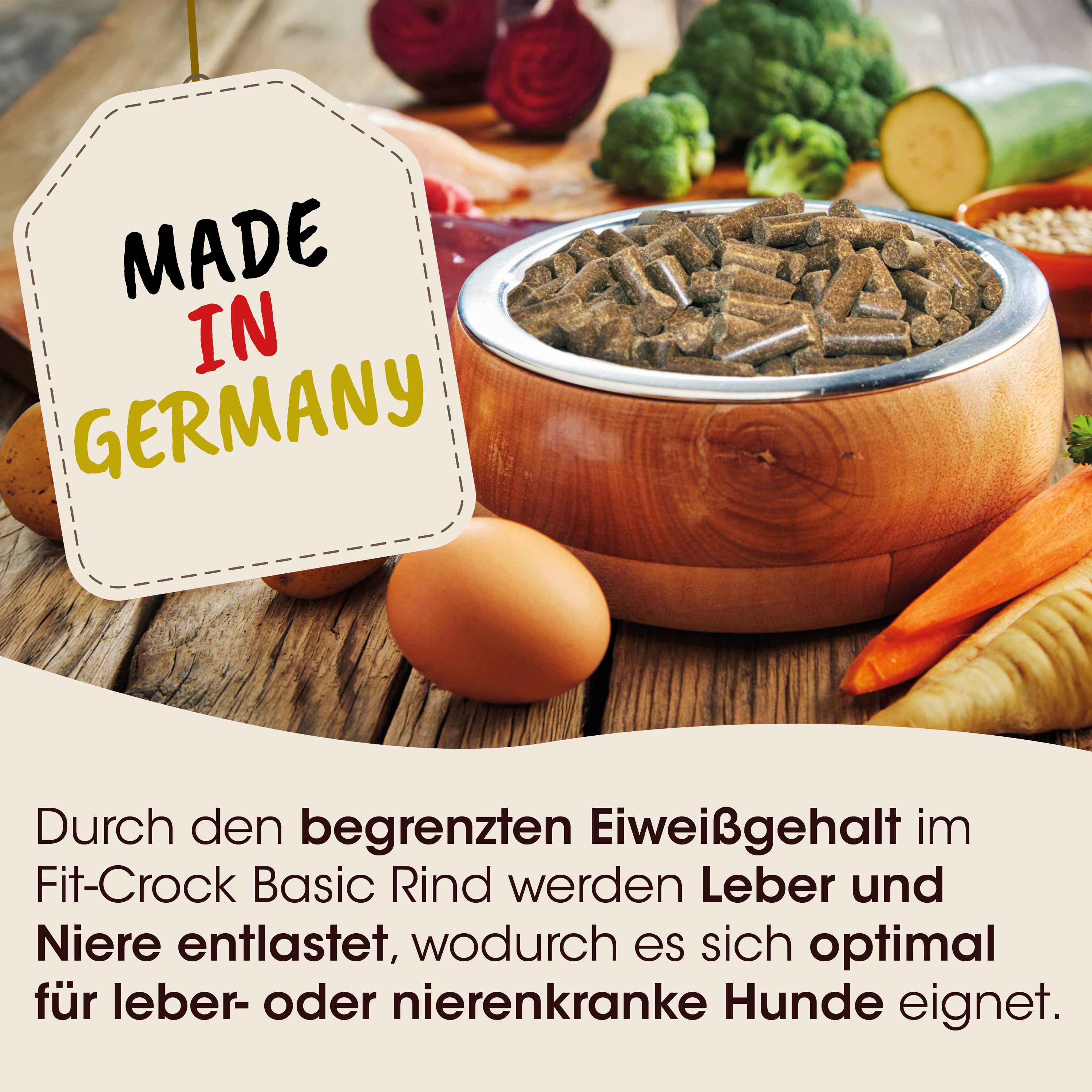 Hunde-Futter, Protein, Krakeln, braun, Holzschüssel
