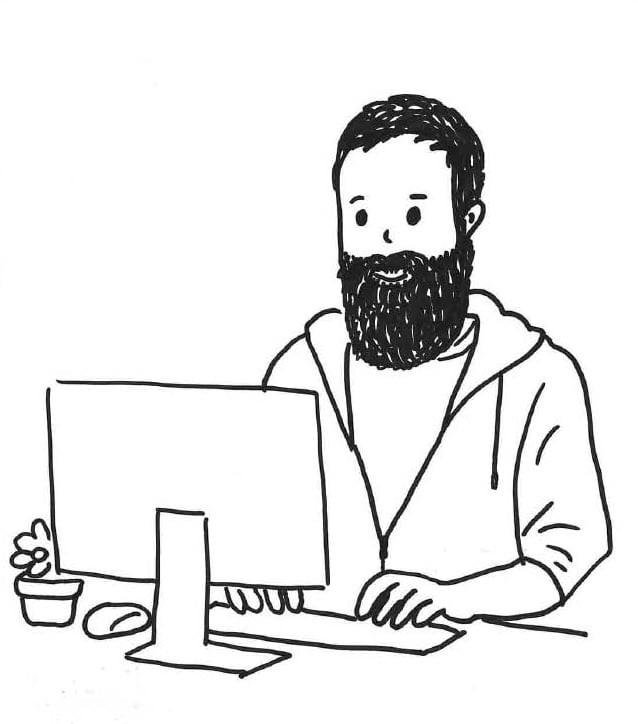 bärtiger Mann, Computer, Schreibtisch, Monitor, Arbeitsplatz