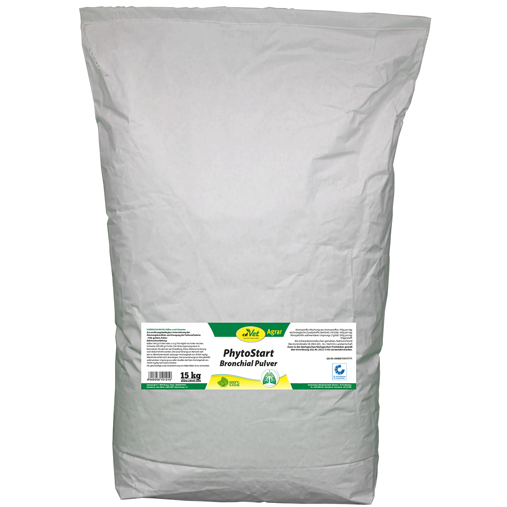 Bronchialpulver, Tierfutterzusatz, Papiersack, 15 kg, Grün-weißes Etikett