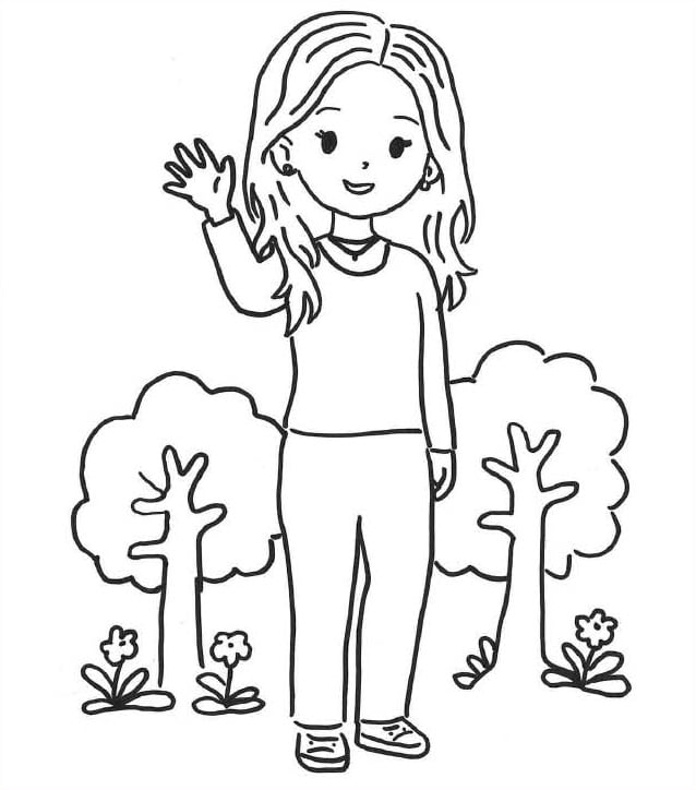 Kinderfigur, Ausmalbild, schwarz-weiß, Mitte-Detail, Wald Szenerie