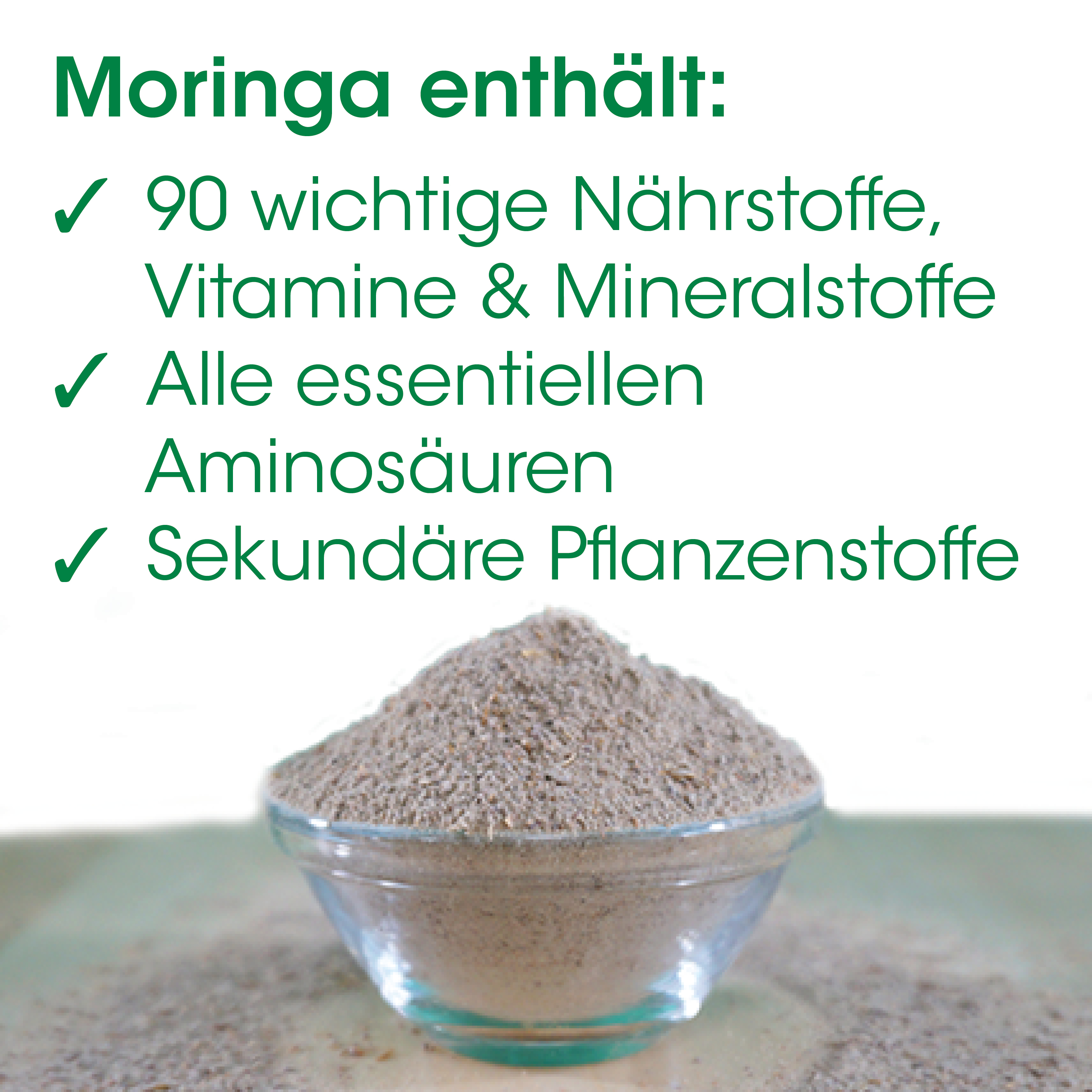 Moringa, Nährstoffe, Pulver, Glasballen, Mineralstoffe