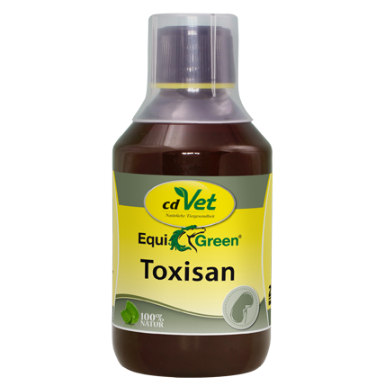 Toxisan, Equine care, Flüssigpräparat, Braune Flasche, Etikett gelb-grün
