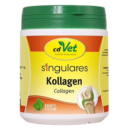 Kollagenpulver, Tierergänzung, Kunststoffdose, gelbes Etikett, grüner Deckel