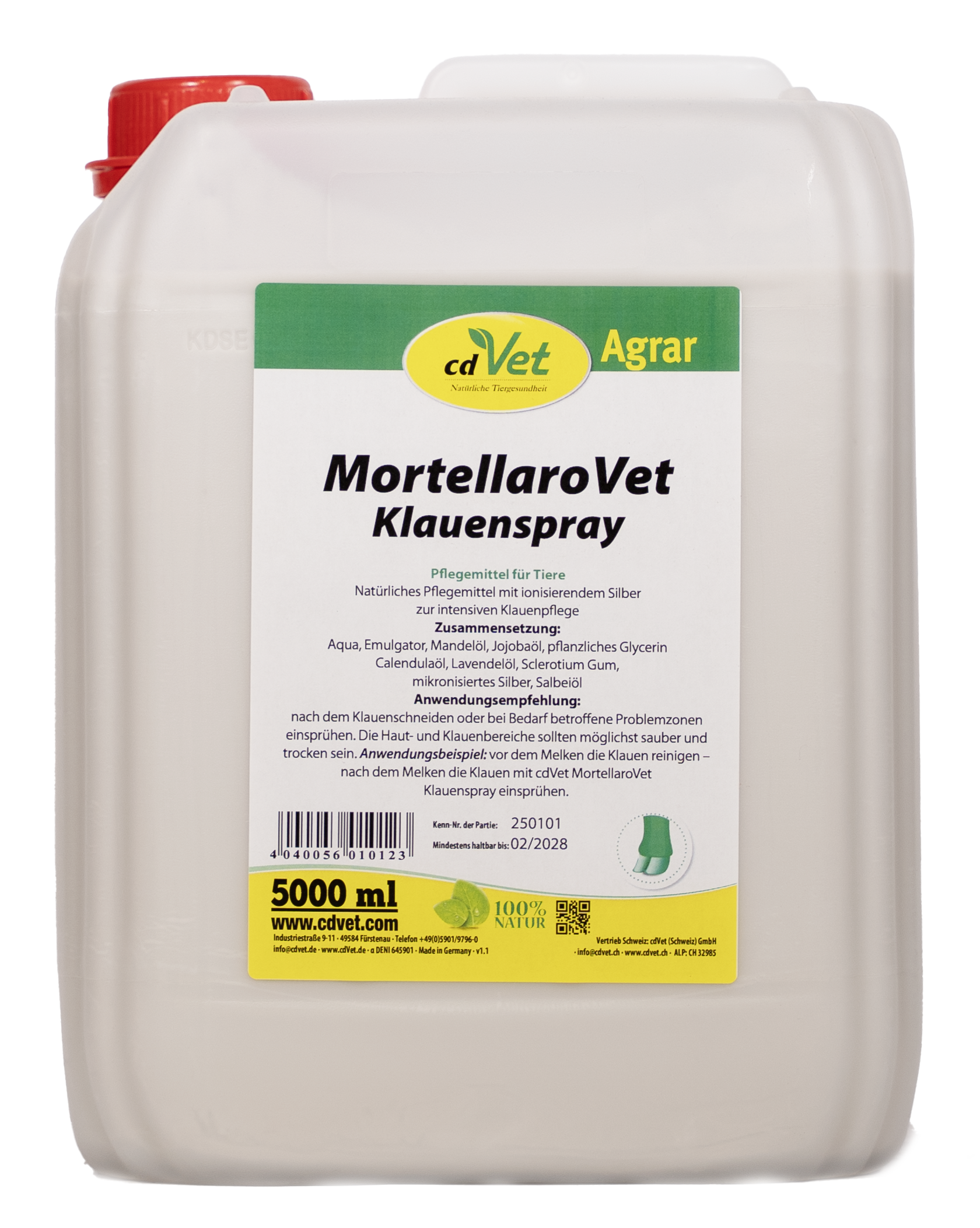 Klauenspray, Tierpflege, 5-Liter-Kanister, weißer Kanister, rote Schraubkappe