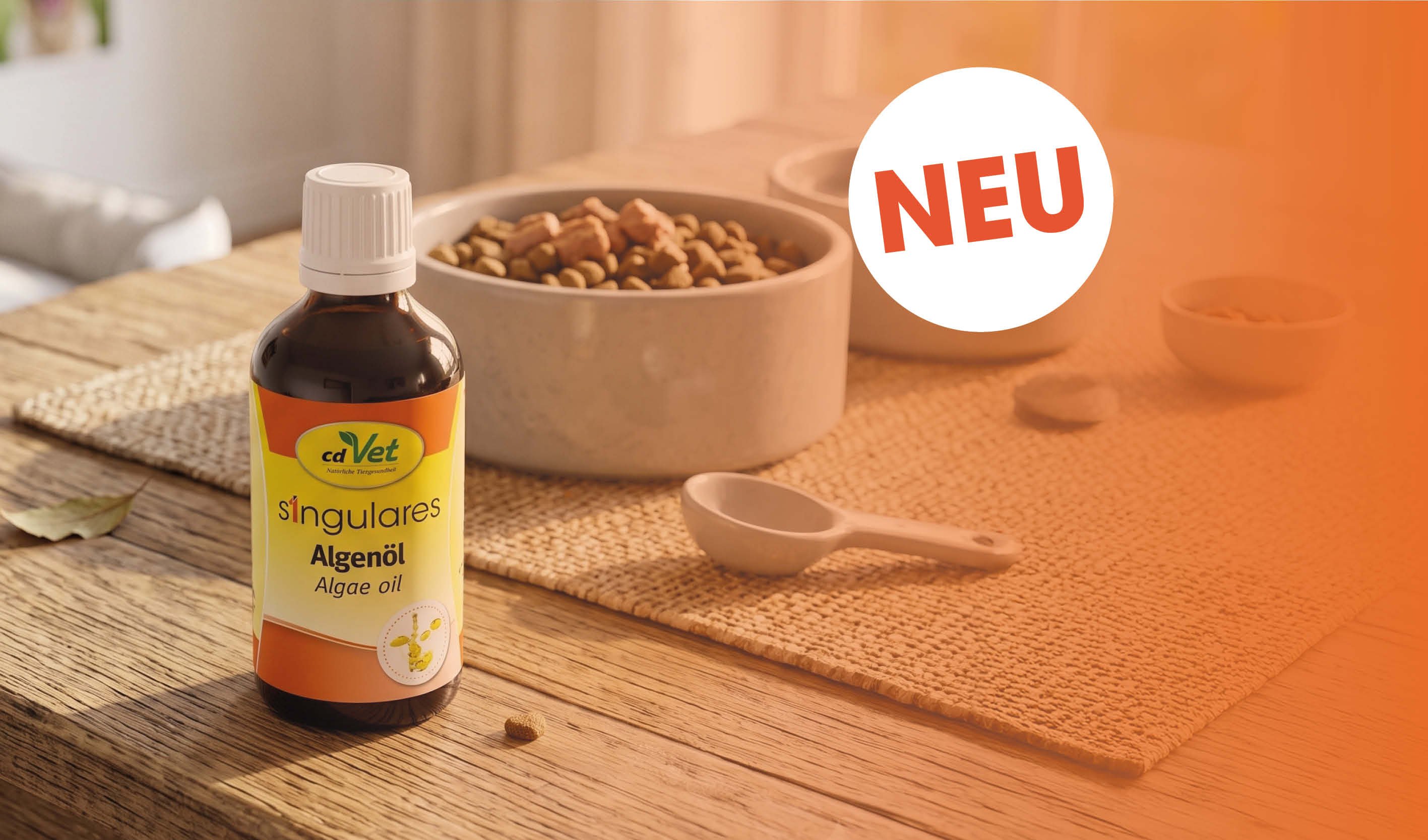 algae oil, fischölalternative, cdVet, Flasche, orangees Etikett