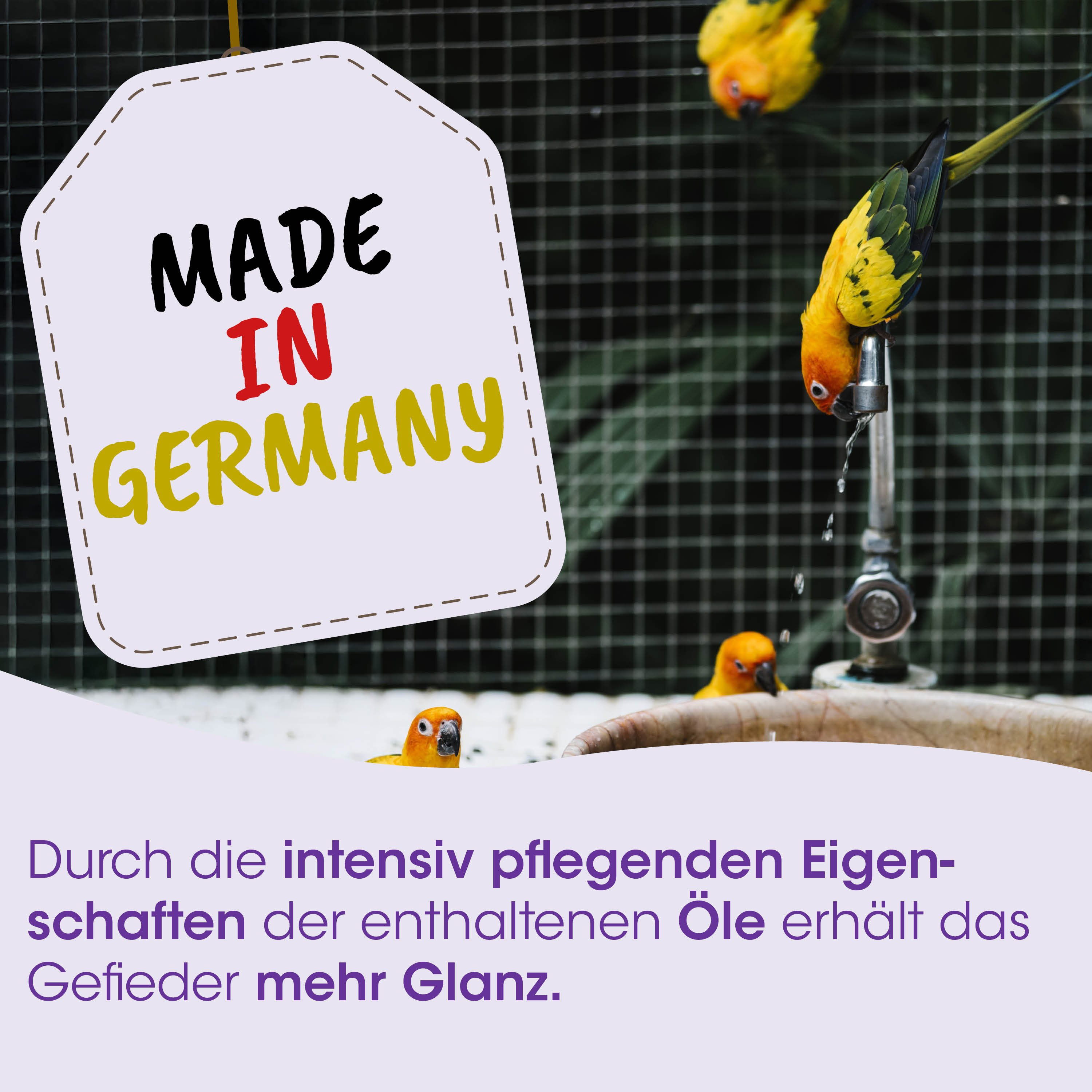 made in germany, papageien, vogelbad, wasserhahn, metallkäfig