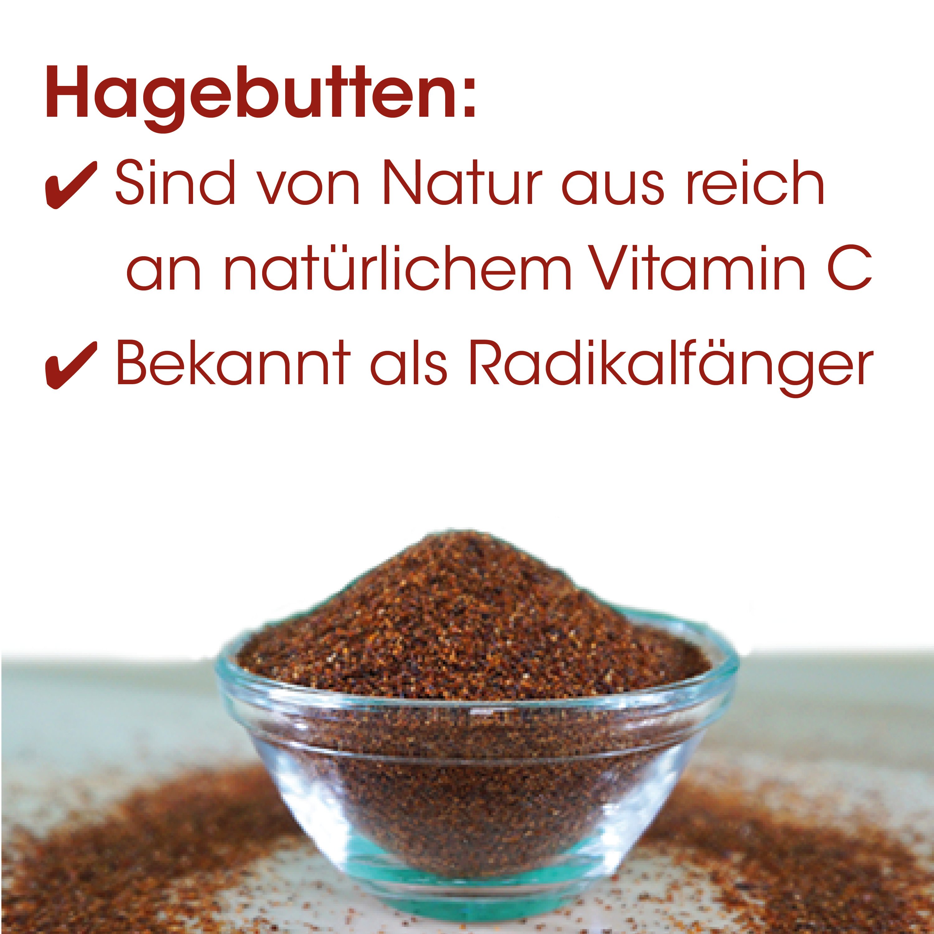 Hagebutten, Vitamin C, Radikalfänger, Hagebuttenpulver, Kleiner Glastiegel